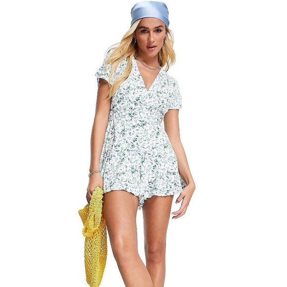 ASOS/sisters of the tribe blue & green floral wrap romper with tie waist *nwt* - Picture 10 of 13
